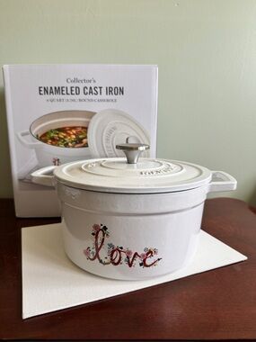 Enameled Cast Iron Martha Stewart Round Casserole - White 'Love'